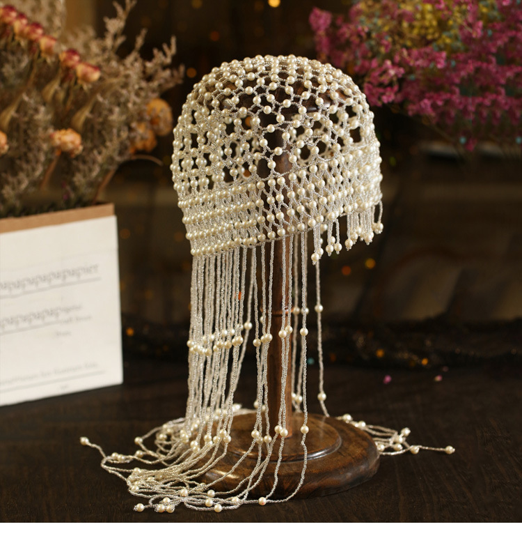 Bridal Hair Accessory Vintage Pearl Beaded Headpiece Handcrafted Crochet Design